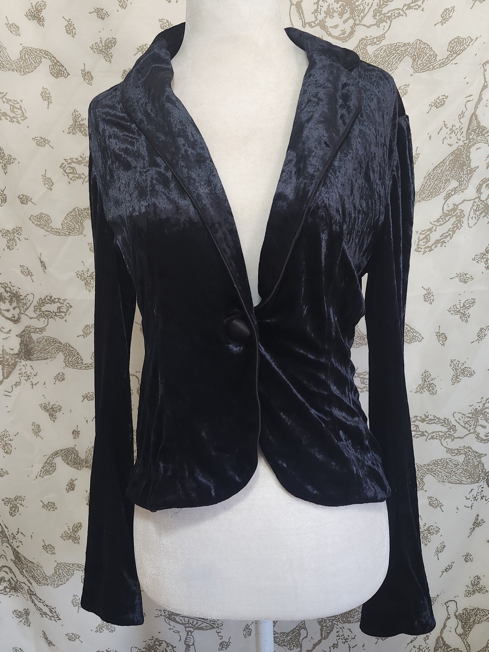 VTG Y2K Express Crushed Velvet Blazer Jacket Size small Short One-Button navy